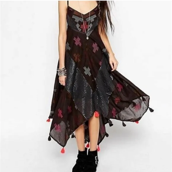 Free People Crossing Paths Pom Tassel Asymmetrical Hem Midi Dress XS - Picture 2 of 16